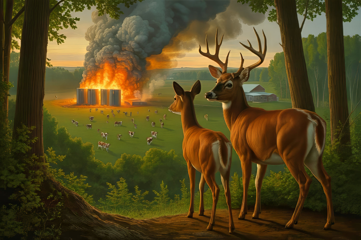 A photo illustration of two deer looking at a herd of cows in a large field near a burning industrial BESS fire.
